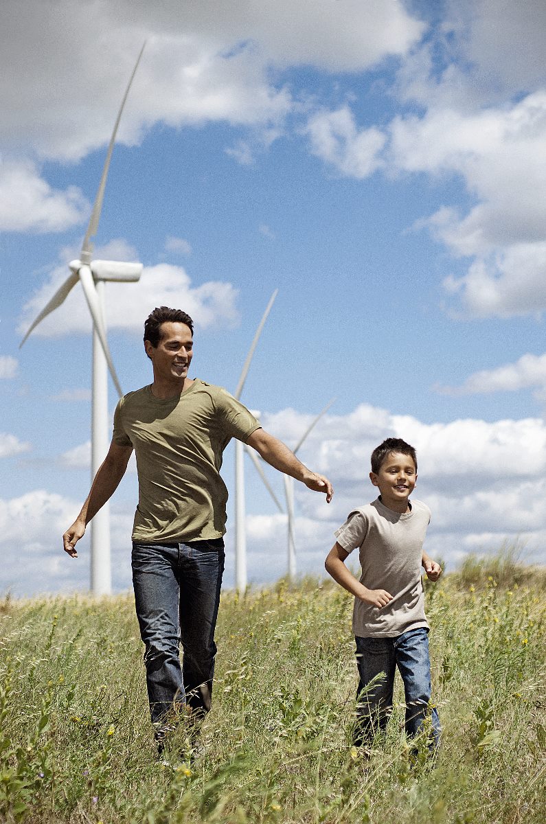 Father and son on a wind farm